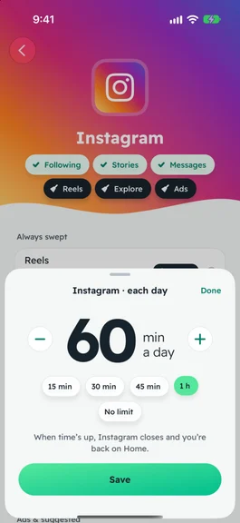 Instagram’s daily limit in SocialBroom, set to an hour